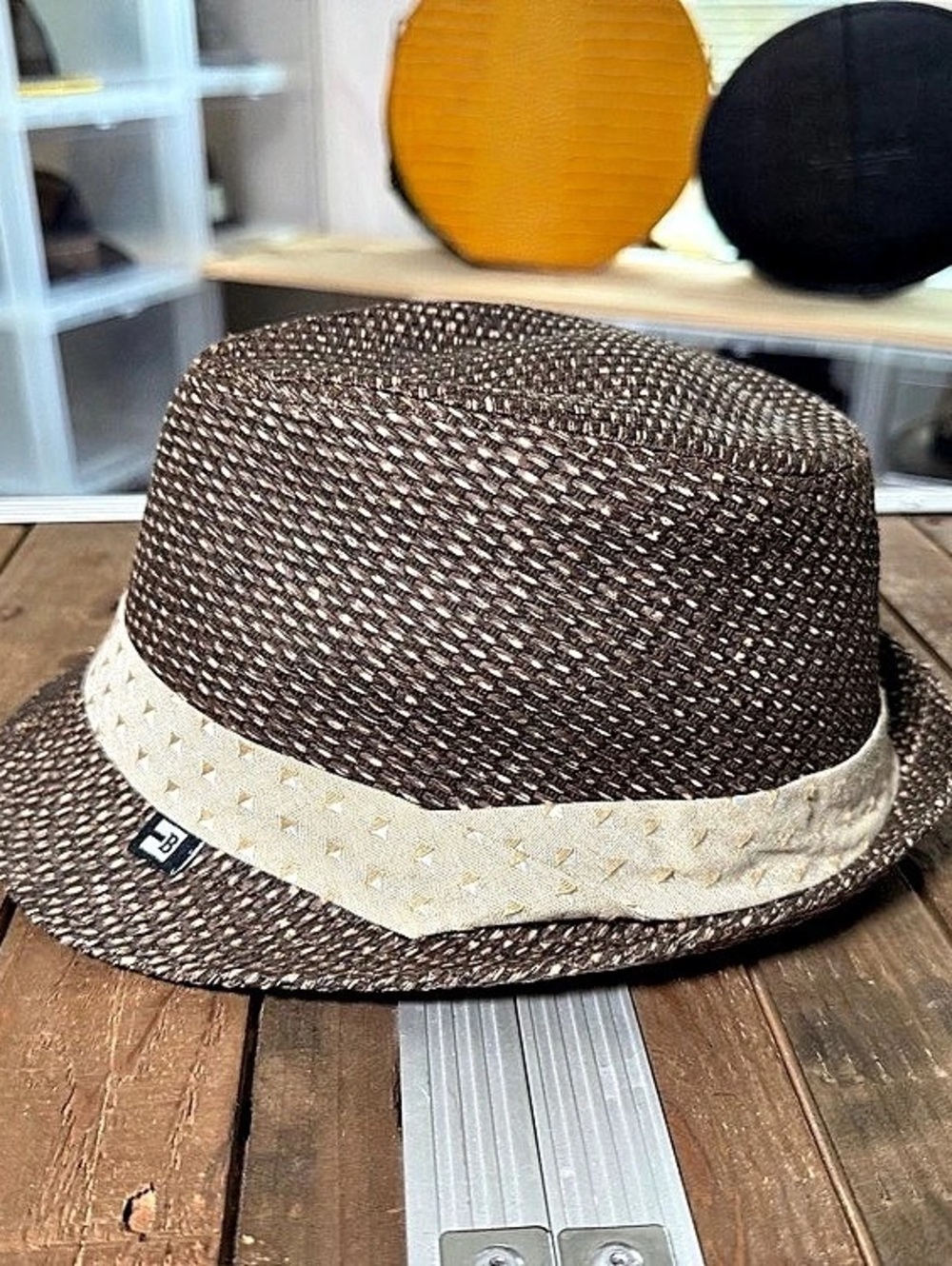 Block Headwear Brown Woven Fedora Hat L/XL 59cm Patterned Band
